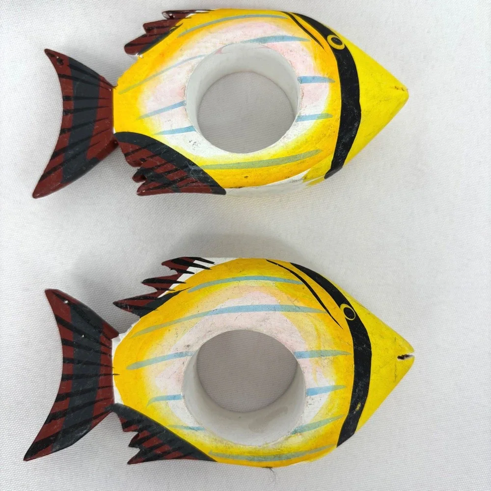 Vintage Hand Painted Wooden Fish Napkin Rings Tropical Nautical Set of 9